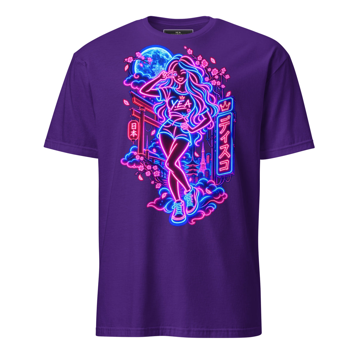 Purple unisex crew-neck T-shirt with neon-style graphic of a girl and city lights