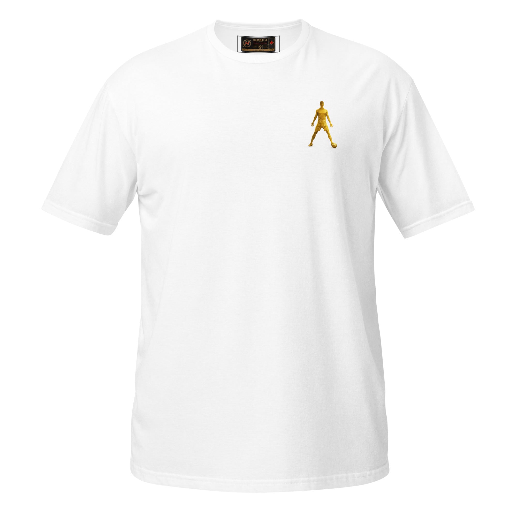 White unisex T-shirt with small golden walking silhouette graphic on the chest, crew neck.
