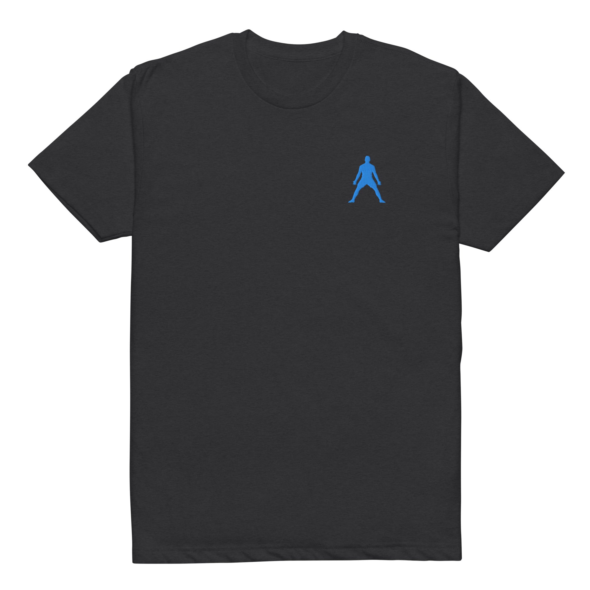 Black fitted unisex tee with small blue frosted-style figure embroidery on chest