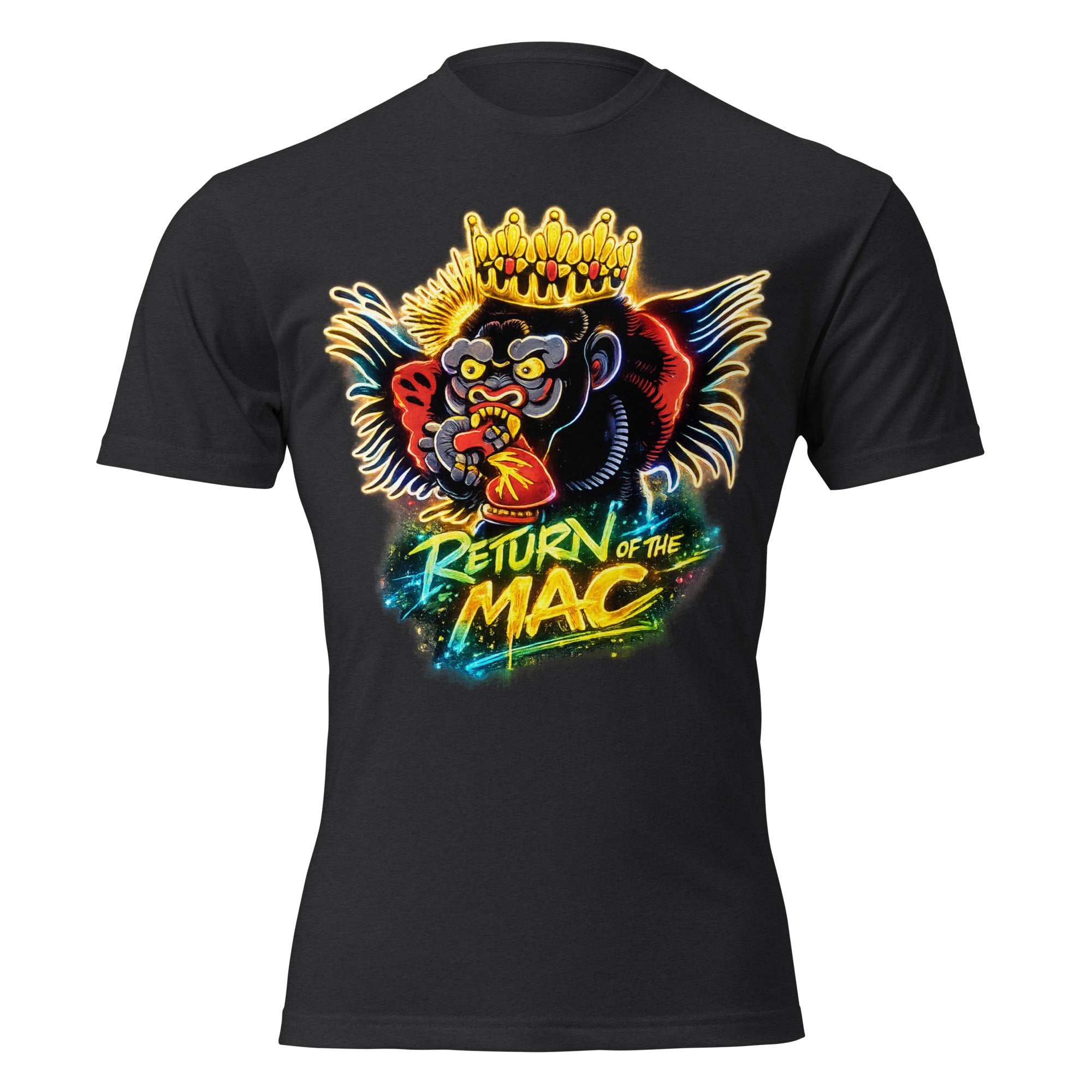 Unisex fitted graphic tee, black, front lion crown illustration with Return of the Mac text.