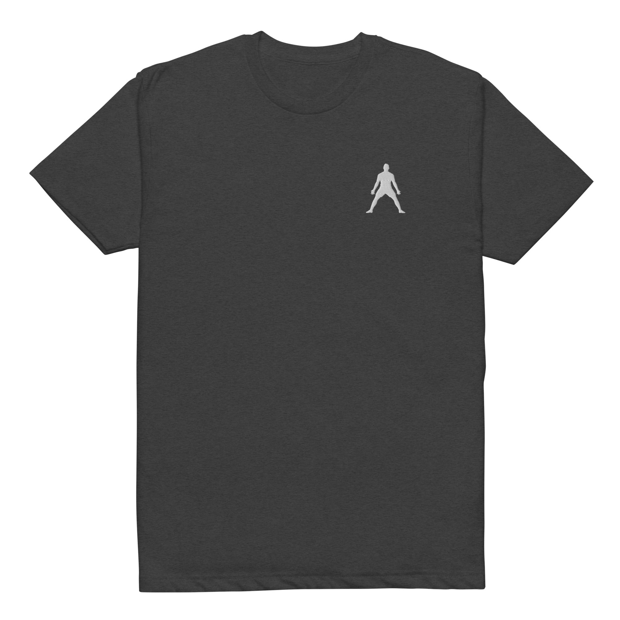 Charcoal gray unisex fitted tee with white halo silhouette embroidery, crew neck.