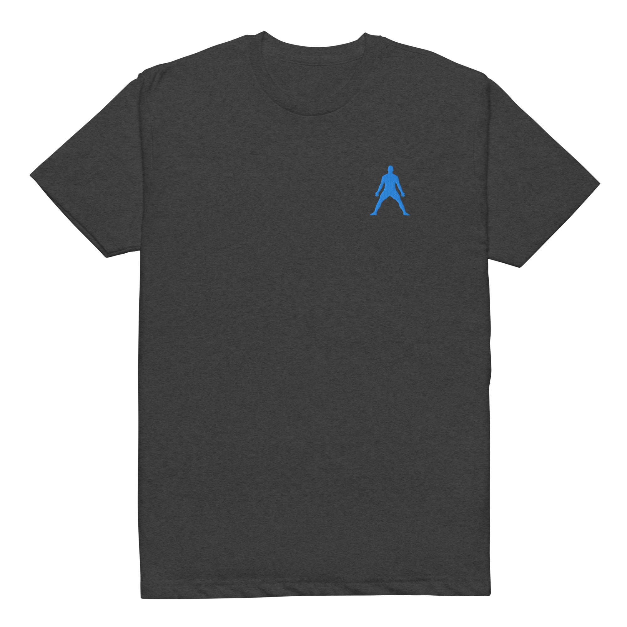 Charcoal fitted unisex tee with small blue frosted-style figure embroidery on chest