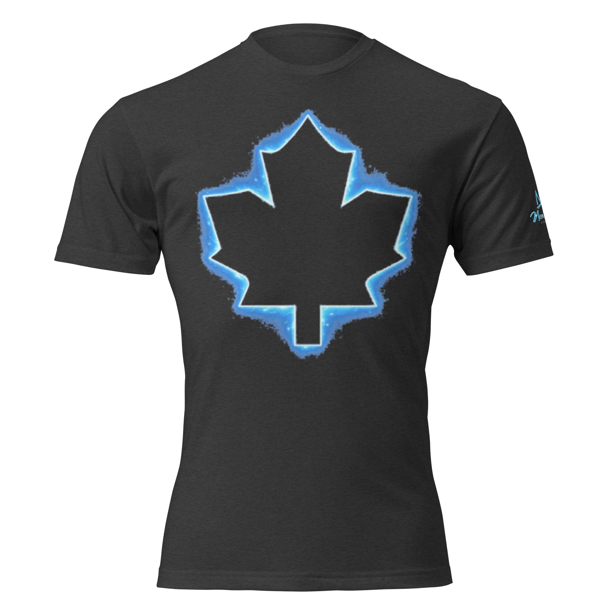 Black unisex fitted T-shirt, large neon blue outlined maple leaf graphic on back