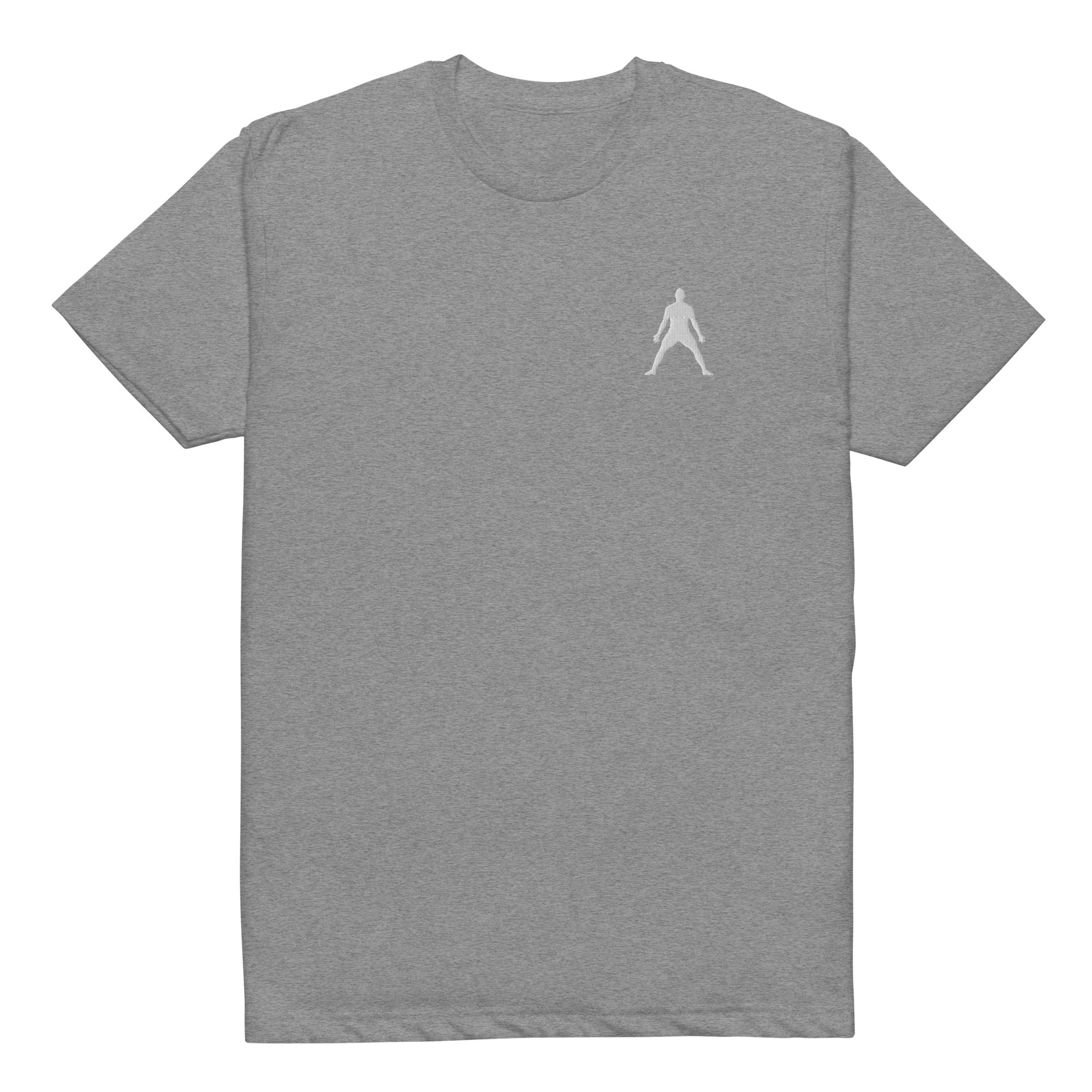 Unisex fitted tee in heather gray with small white halo figure embroidery at chest