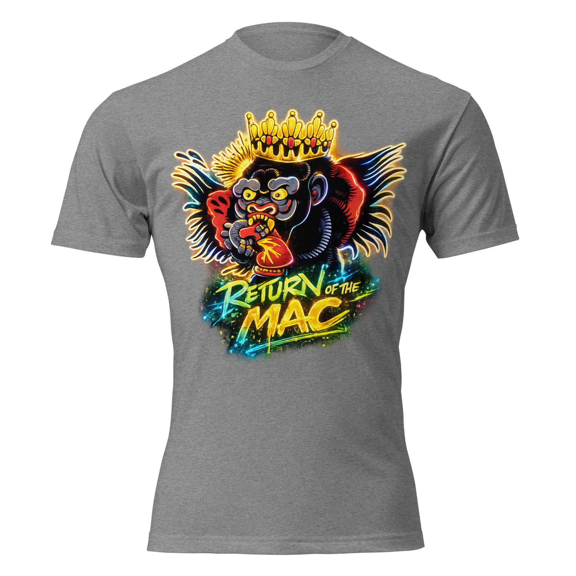 Unisex fitted graphic tee, dark heather gray, front lion crown artwork with Return of the Mac text.