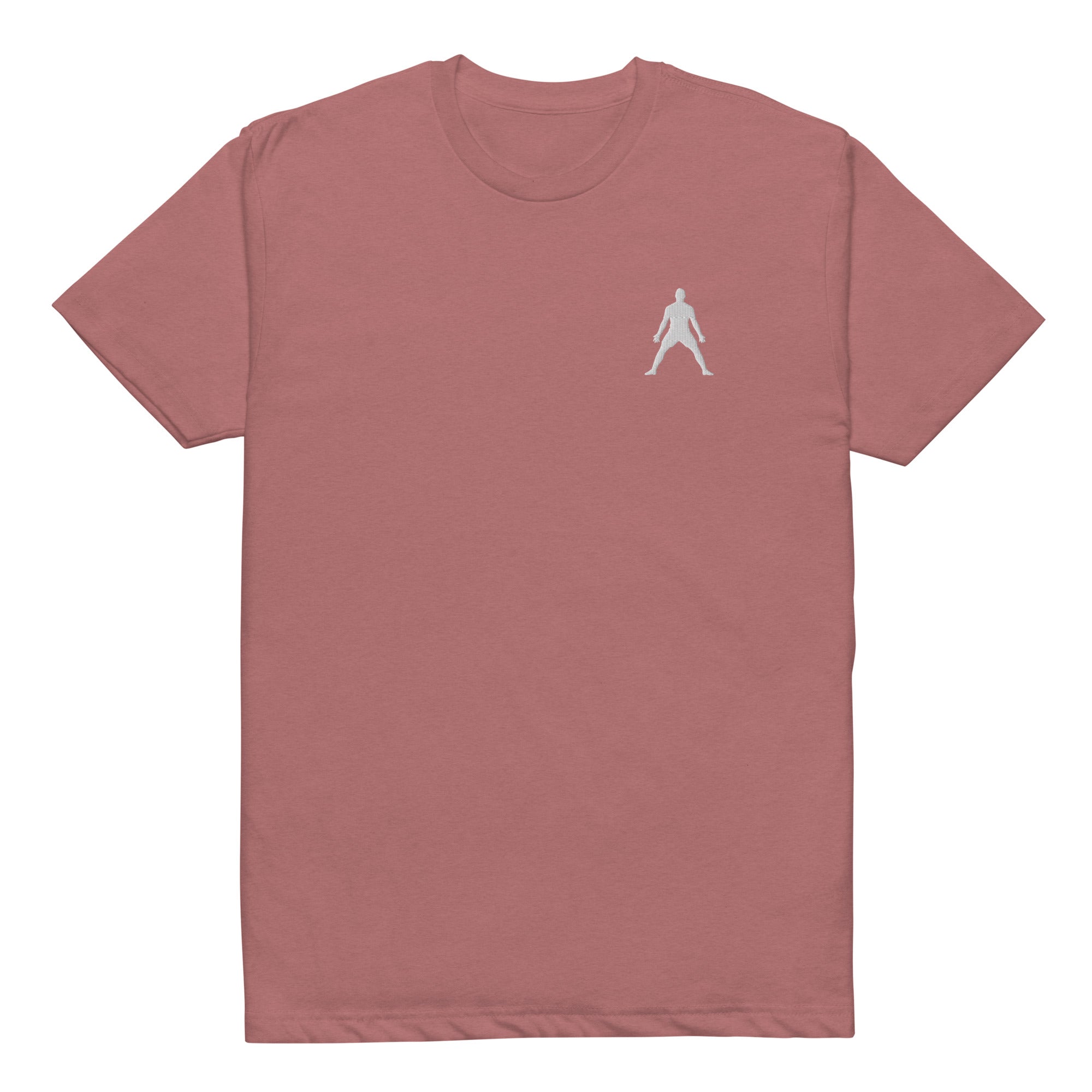Unisex fitted tee in mauve with small white halo figure embroidery at chest