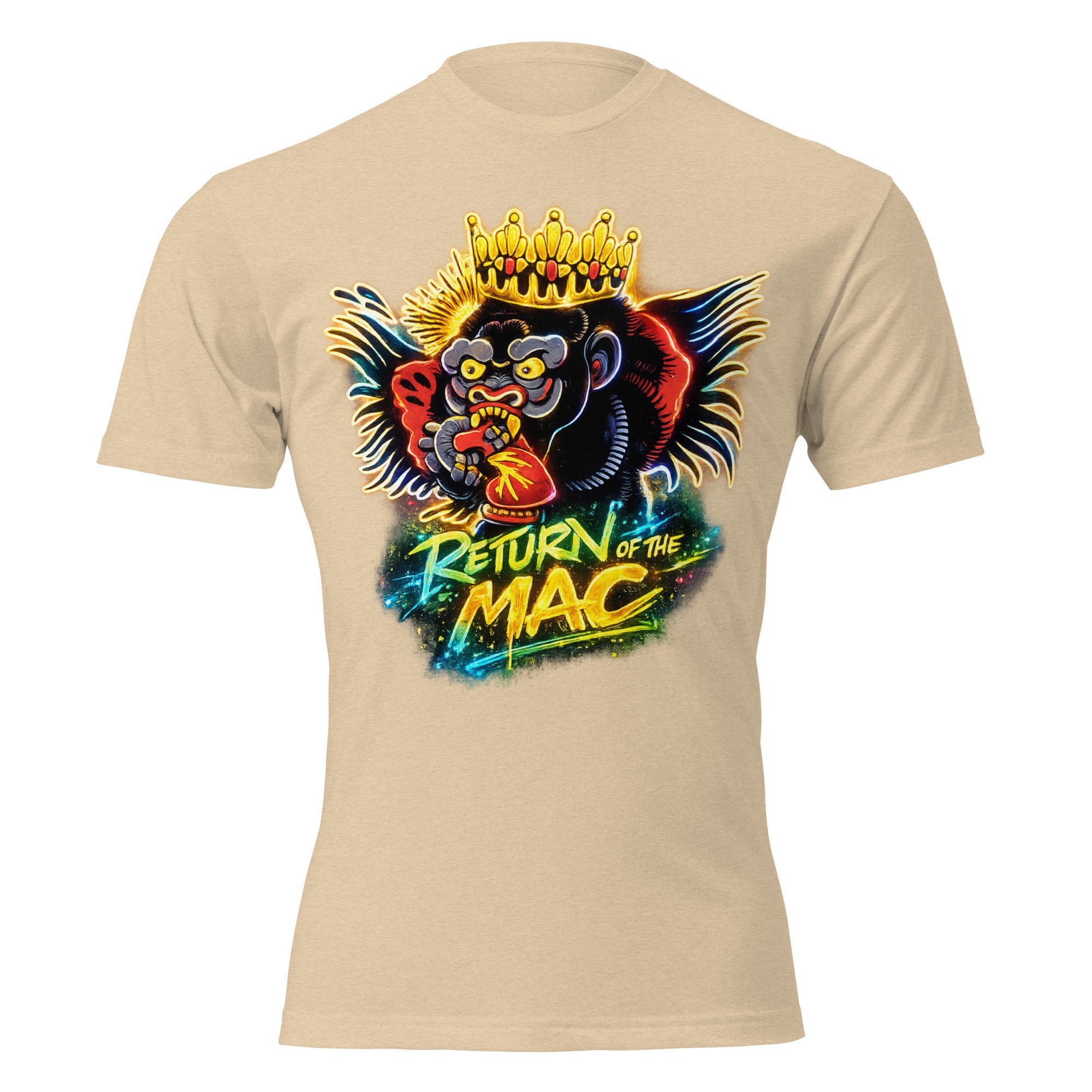 Unisex fitted graphic tee, sand, back view with lion crown illustration and Return of the Mac text.