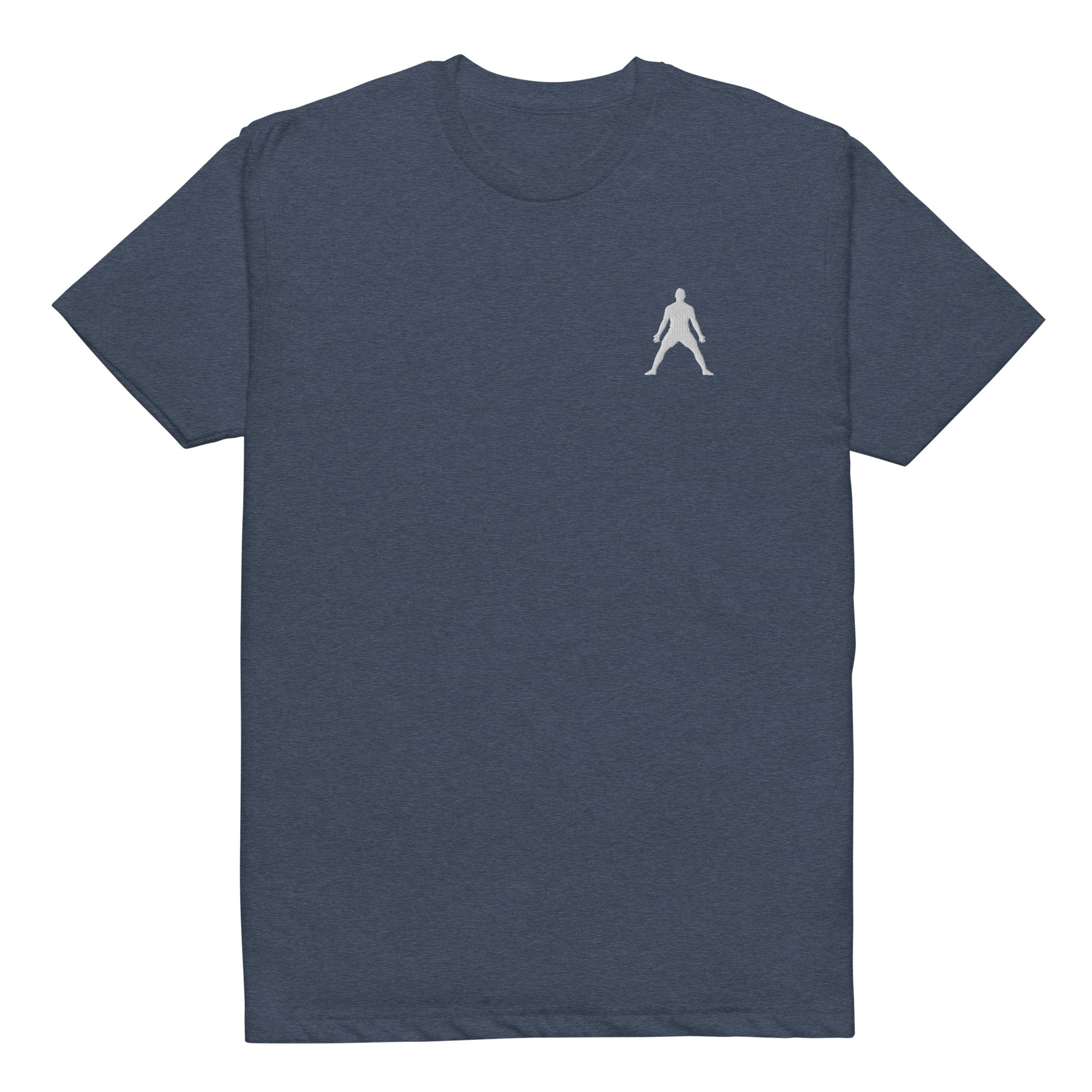 Midnight navy unisex fitted tee with white halo silhouette embroidery, crew neck.