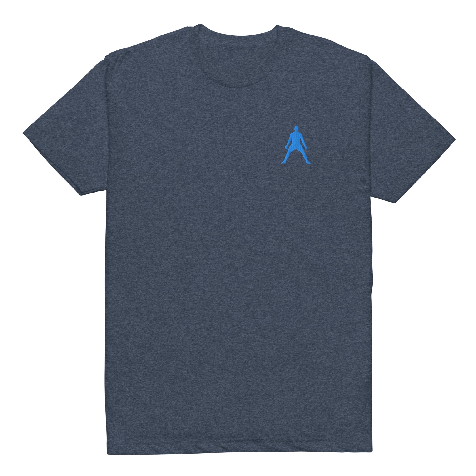 Embroidered unisex fitted tee in dark blue with small front motif, short sleeves
