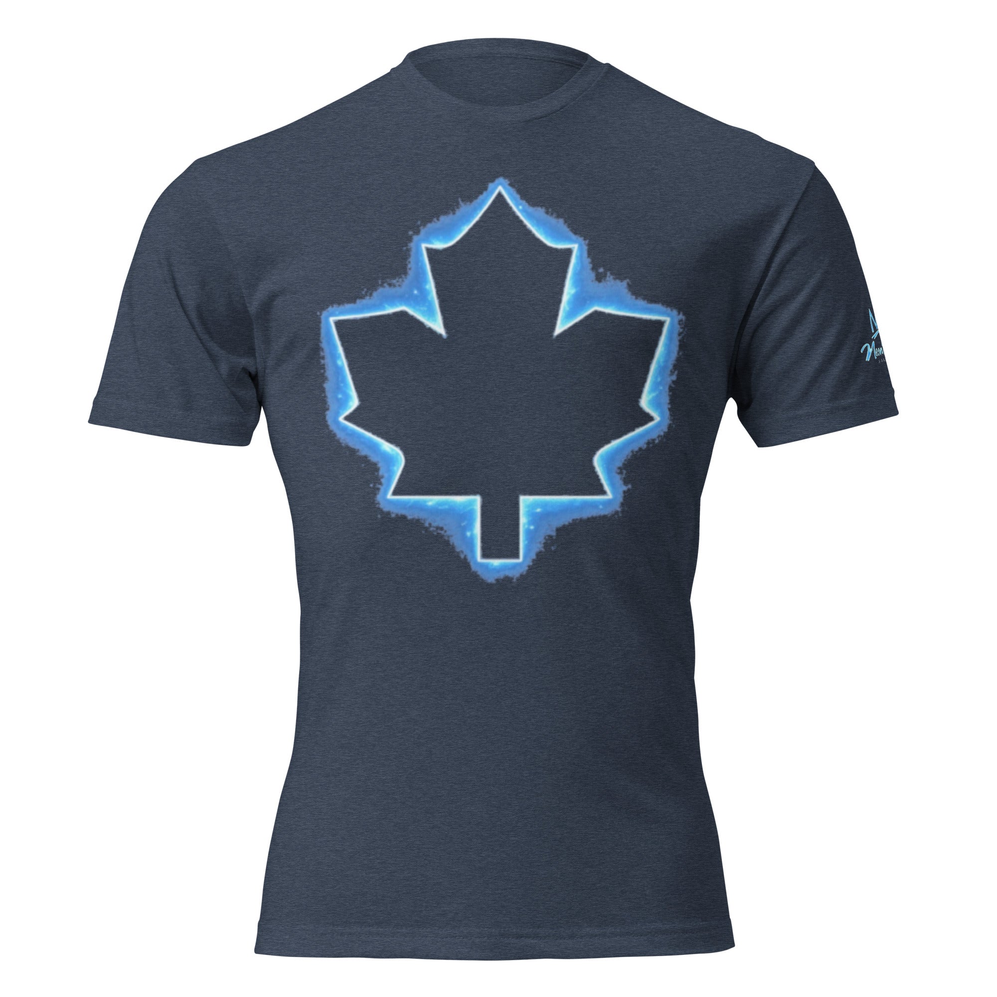 Midnight navy unisex fitted T-shirt, large neon blue outlined maple leaf graphic on back