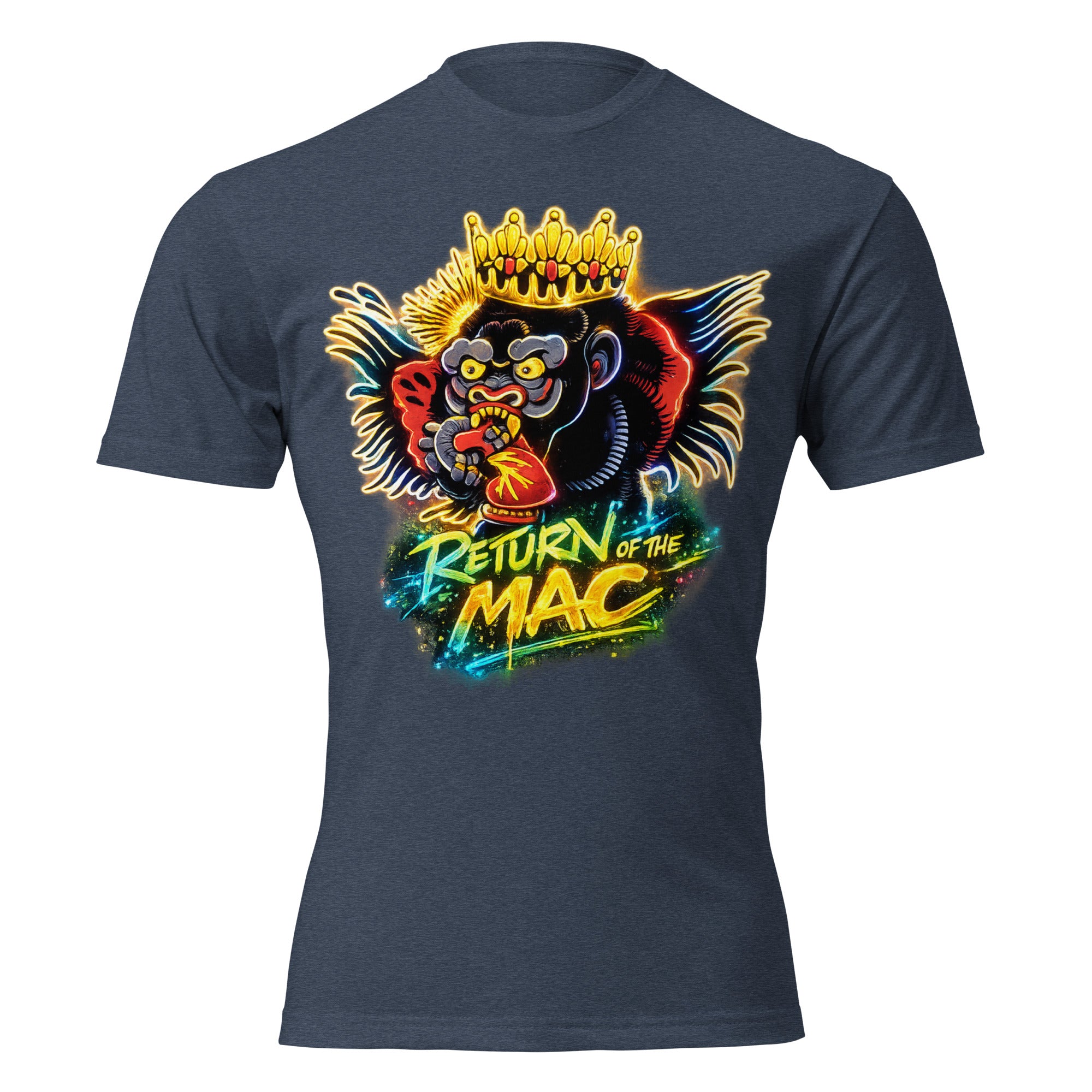 Unisex fitted graphic tee, midnight navy, front lion crown artwork with Return of the Mac text.