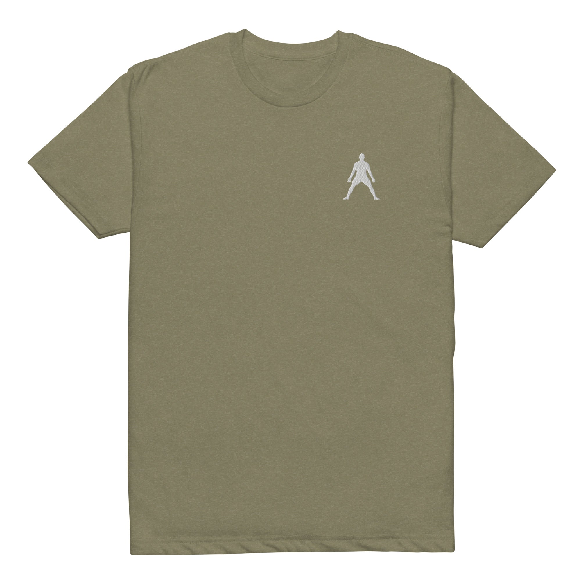Unisex fitted tee in olive with small white halo figure embroidery at chest