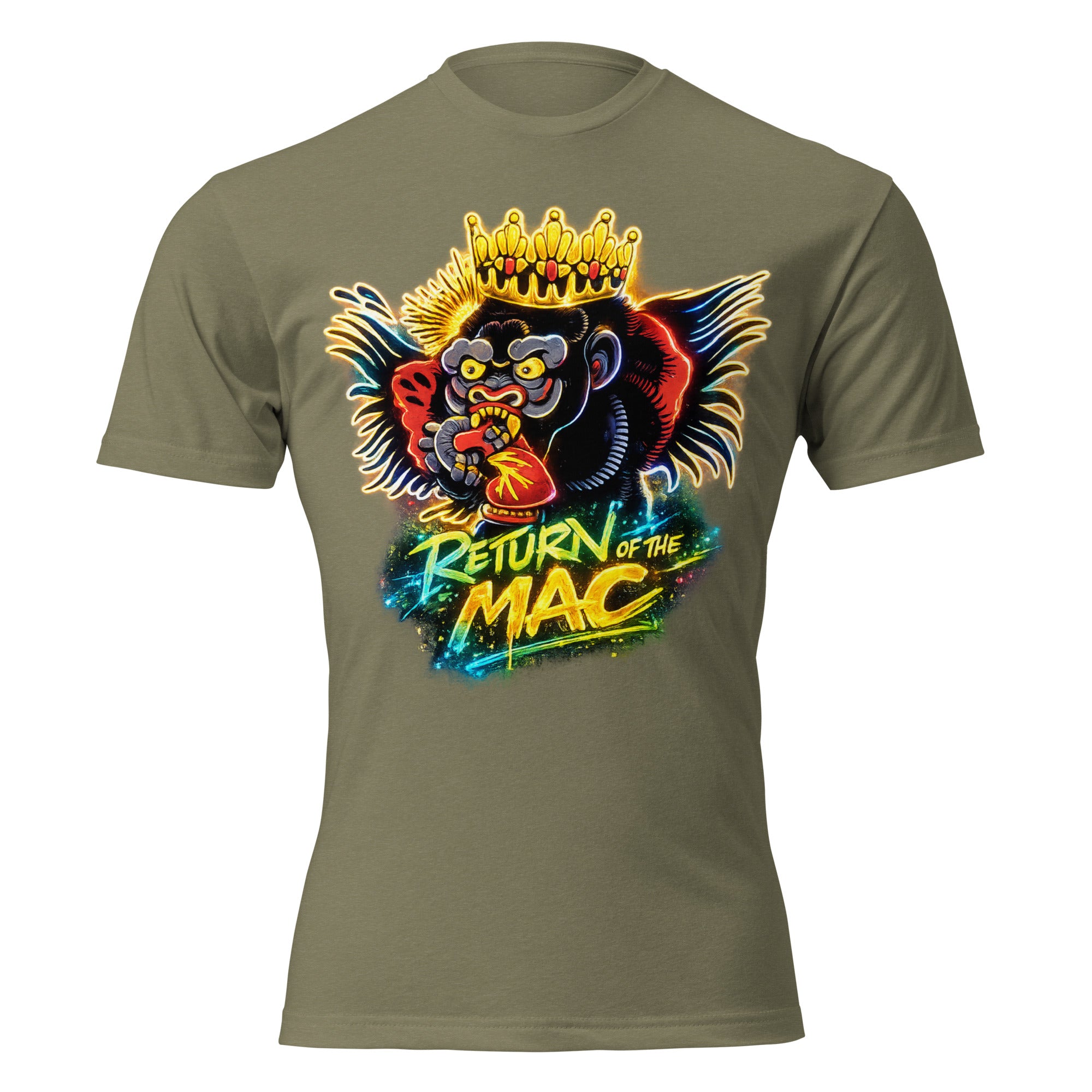 Unisex fitted graphic tee, military green, front lion crown graphic with Return of the Mac text.