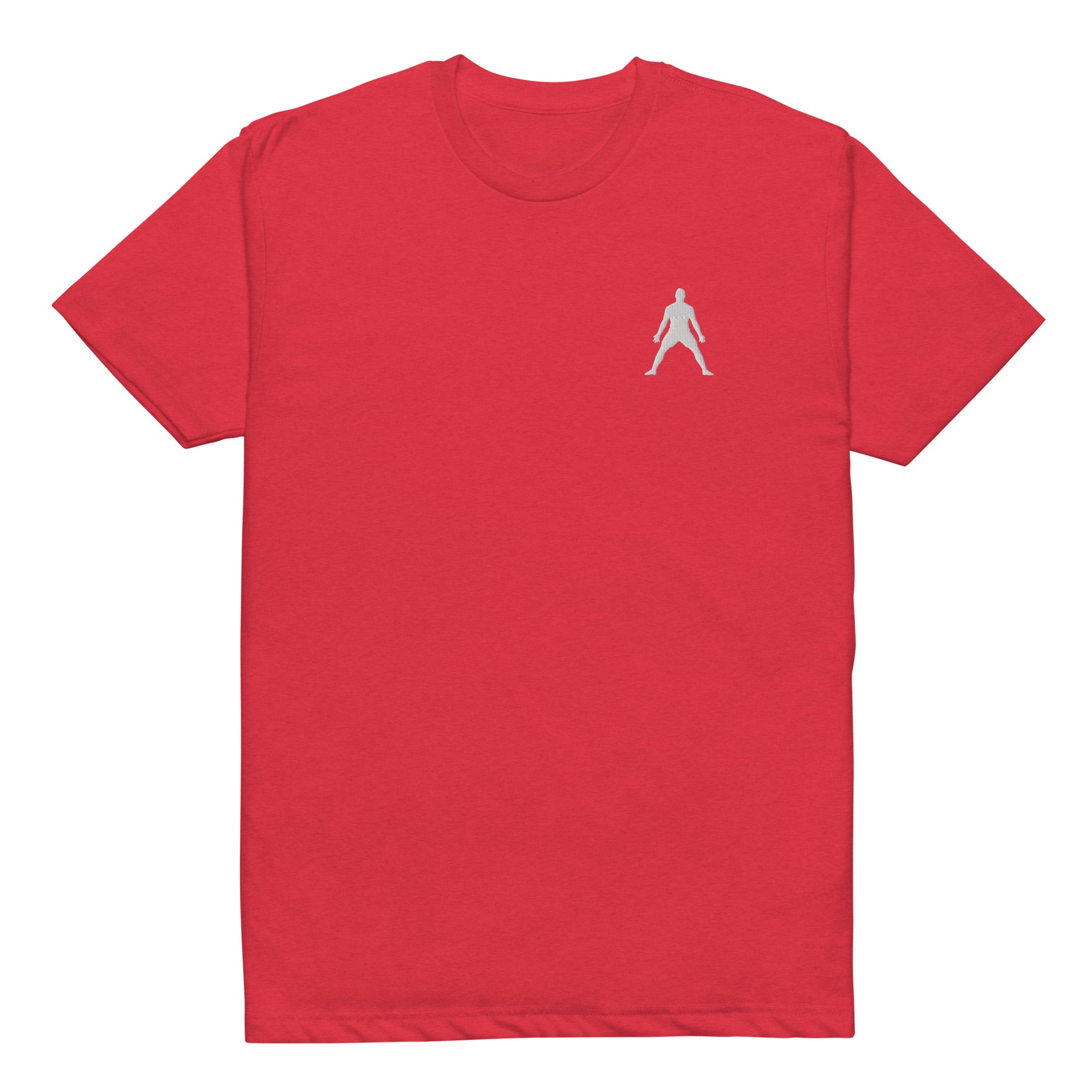 Red unisex fitted tee with white halo silhouette embroidery, crew neck.