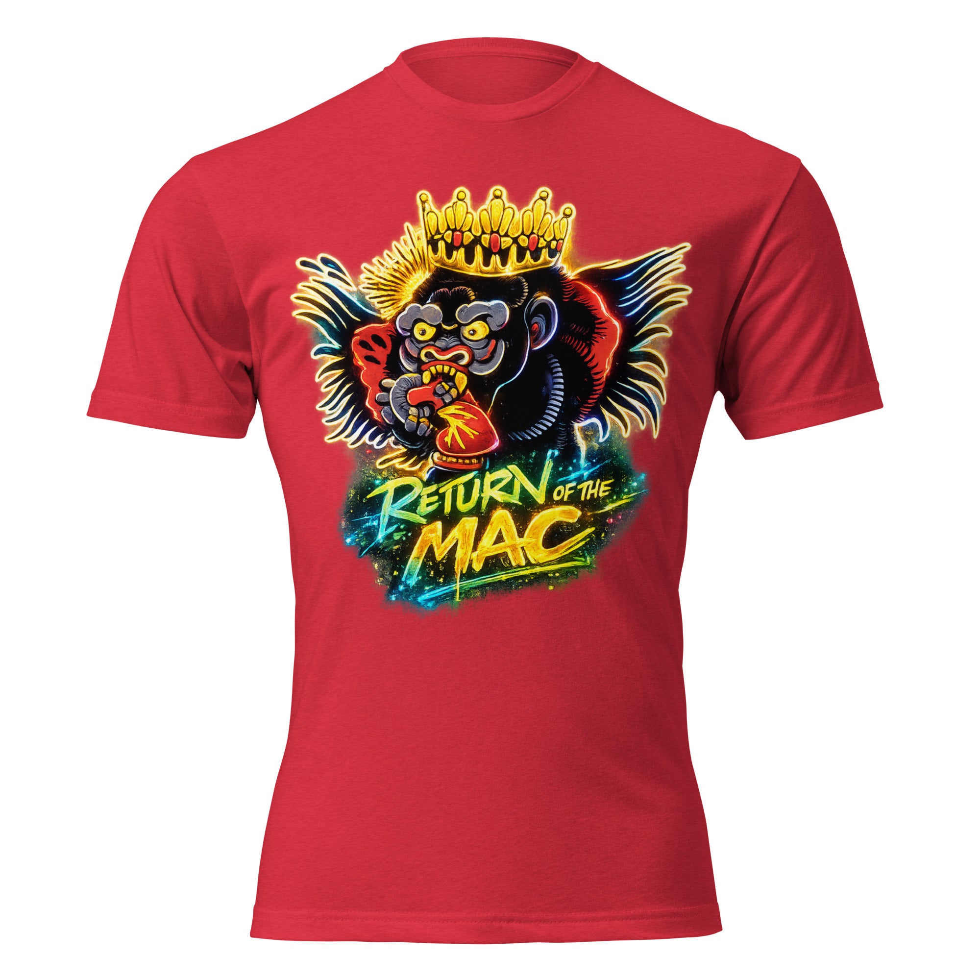 Unisex fitted graphic tee, red, front lion crown illustration with Return of the Mac text.
