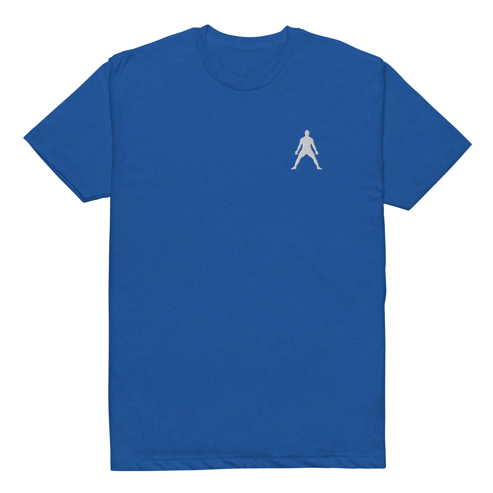 Royal blue unisex fitted tee with white halo silhouette embroidery, crew neck.