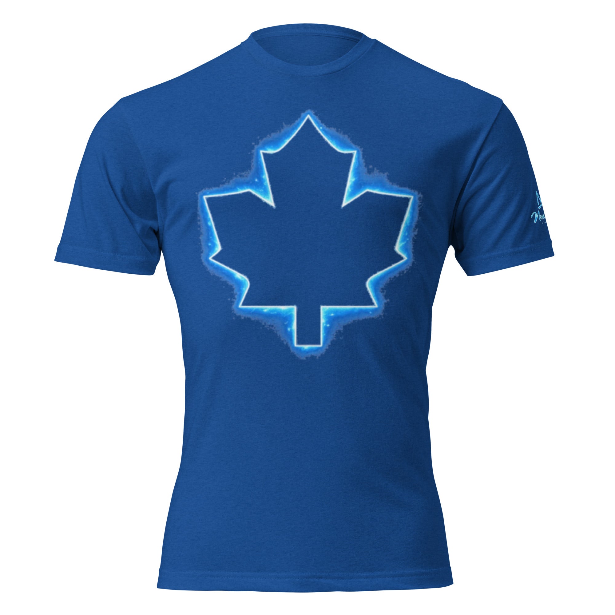 Royal blue unisex fitted T-shirt, large neon blue outlined maple leaf graphic on back