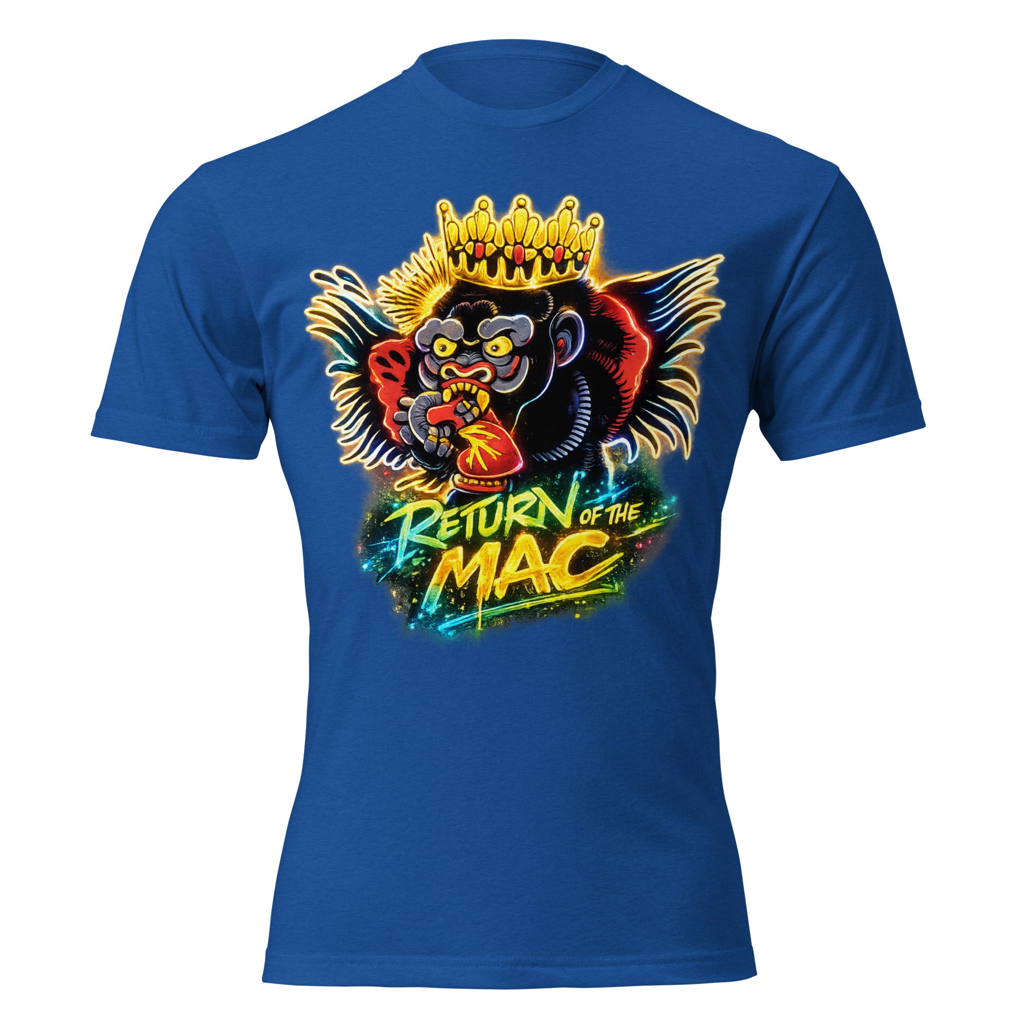 Unisex fitted graphic tee, royal blue, front lion crown design with Return of the Mac text.