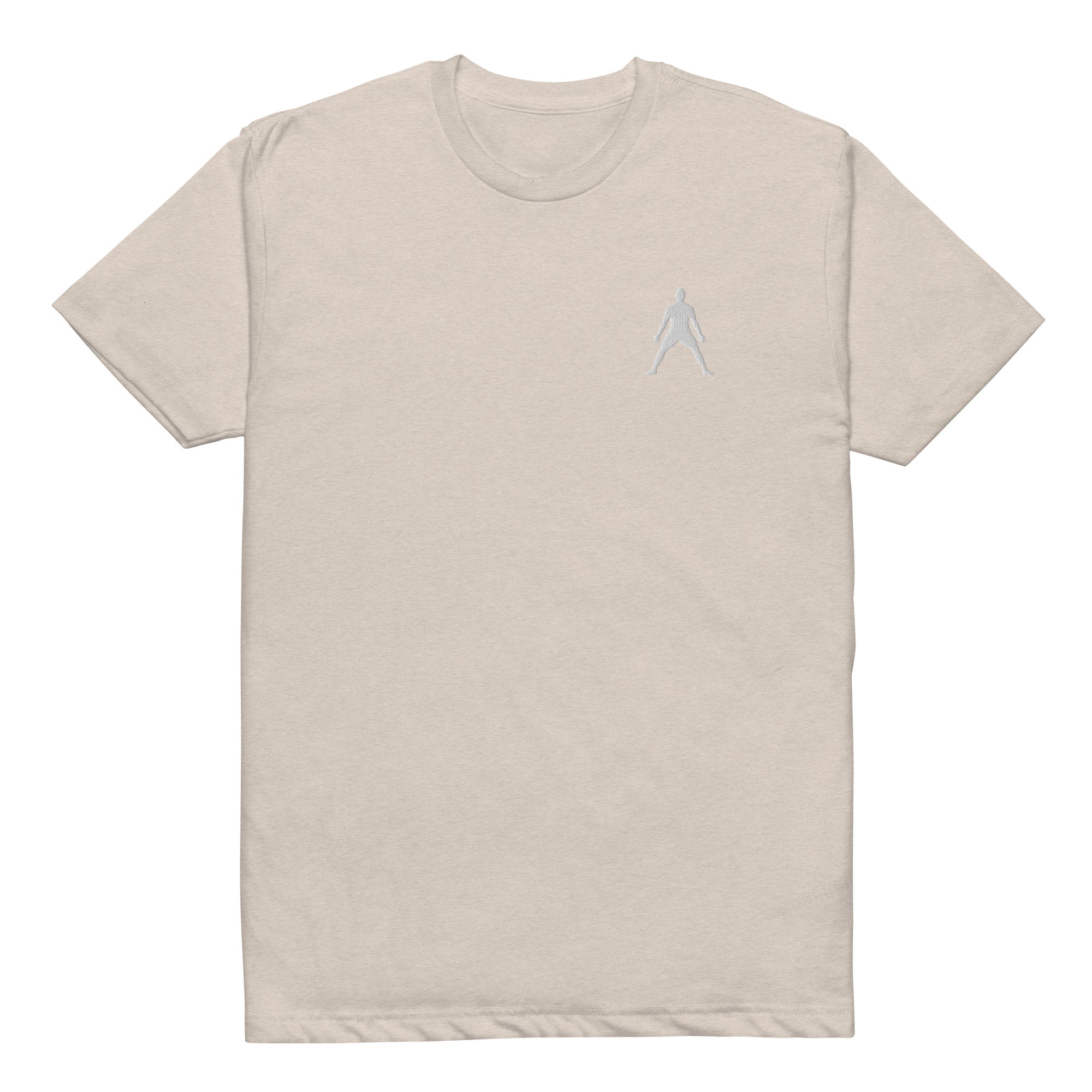 Unisex fitted tee in sand color with small white halo figure embroidery at chest