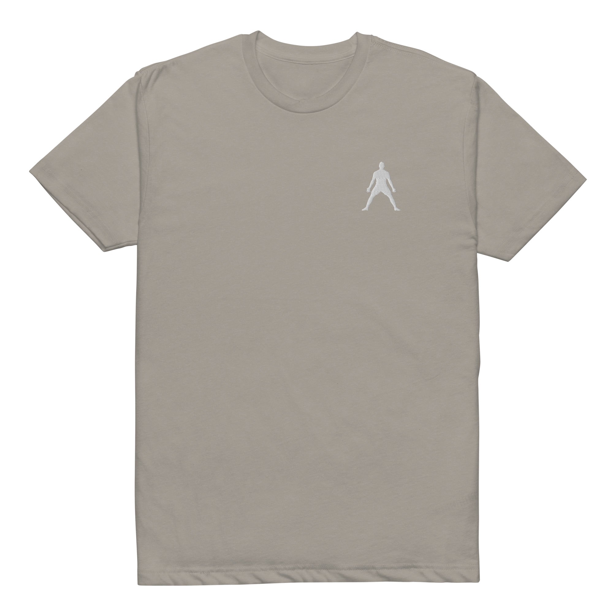 Unisex fitted tee in stone beige with small white halo figure embroidery at chest