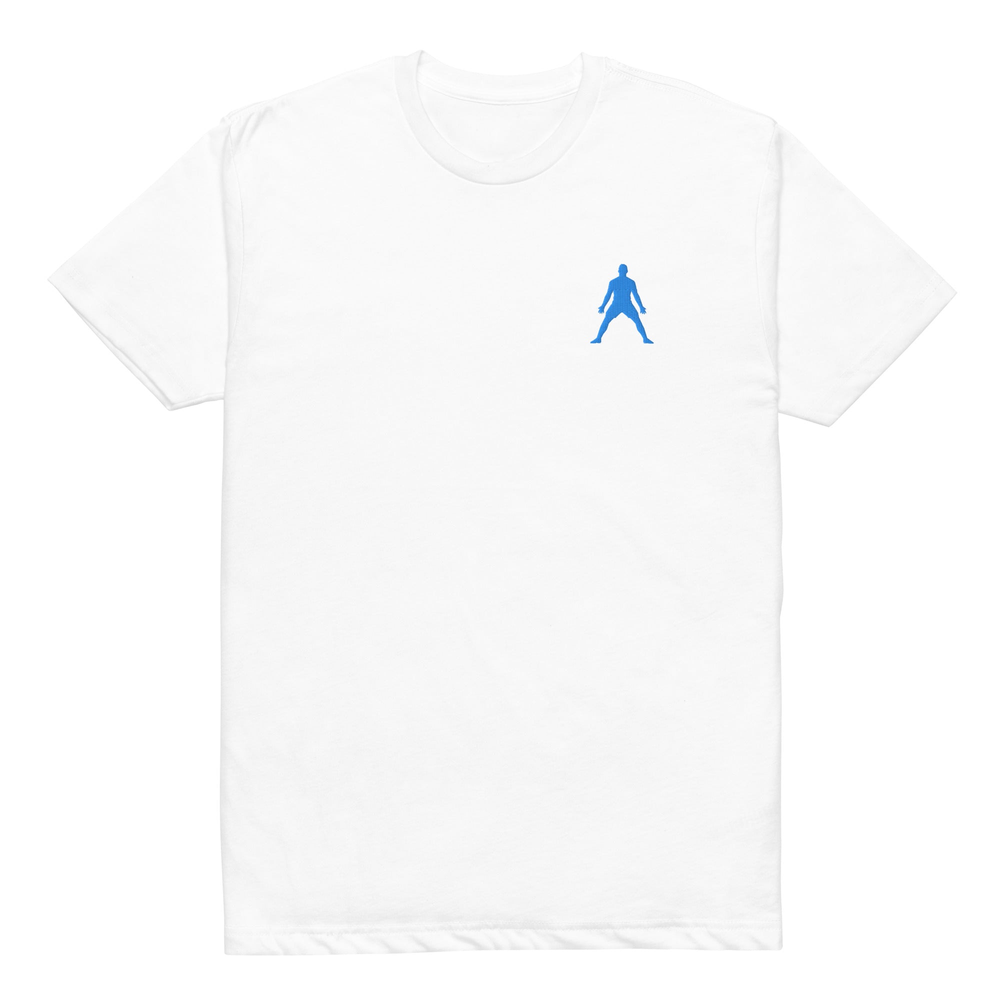 White fitted unisex tee with small blue frosted-style figure embroidery on chest
