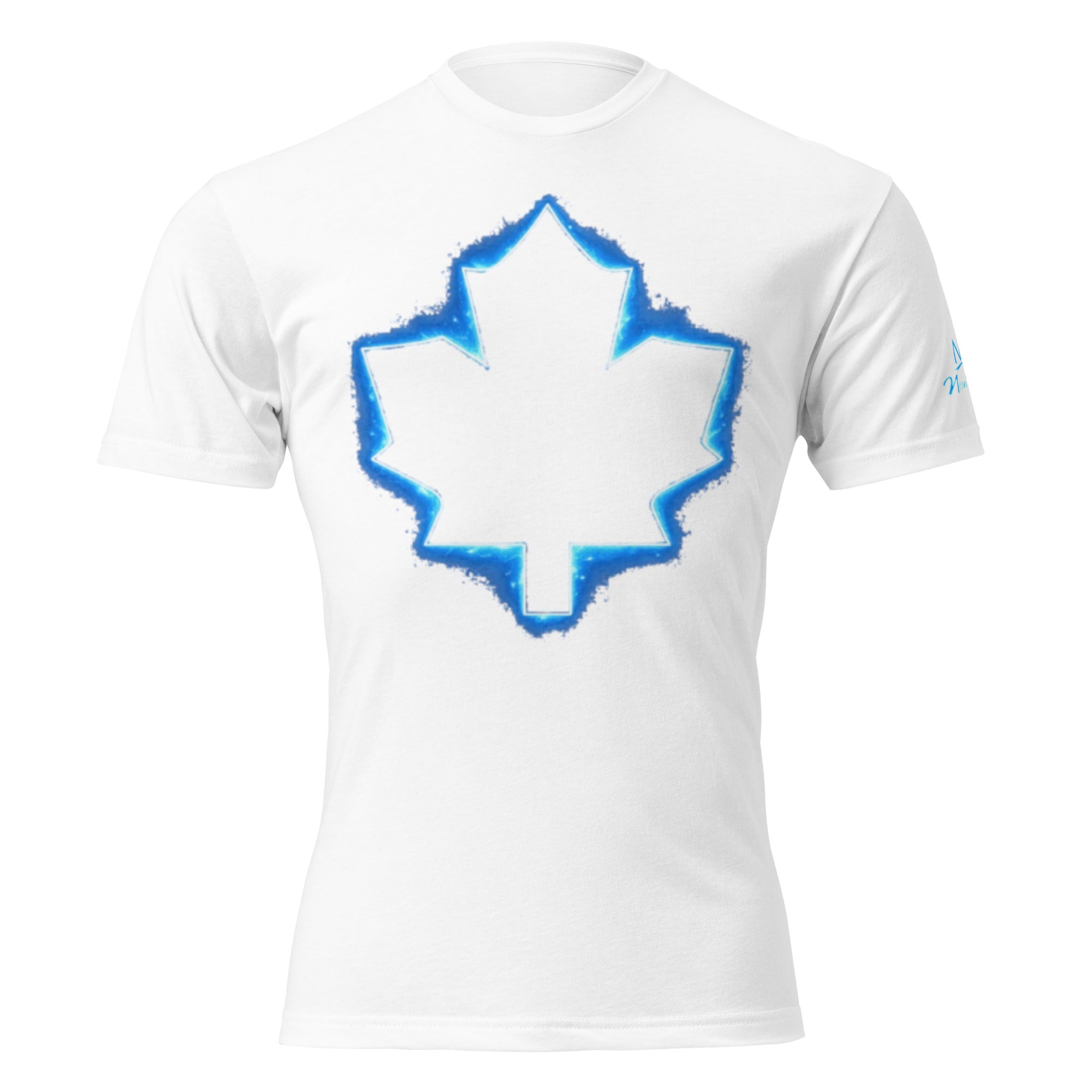 White unisex fitted T-shirt, large neon blue outlined maple leaf graphic on back