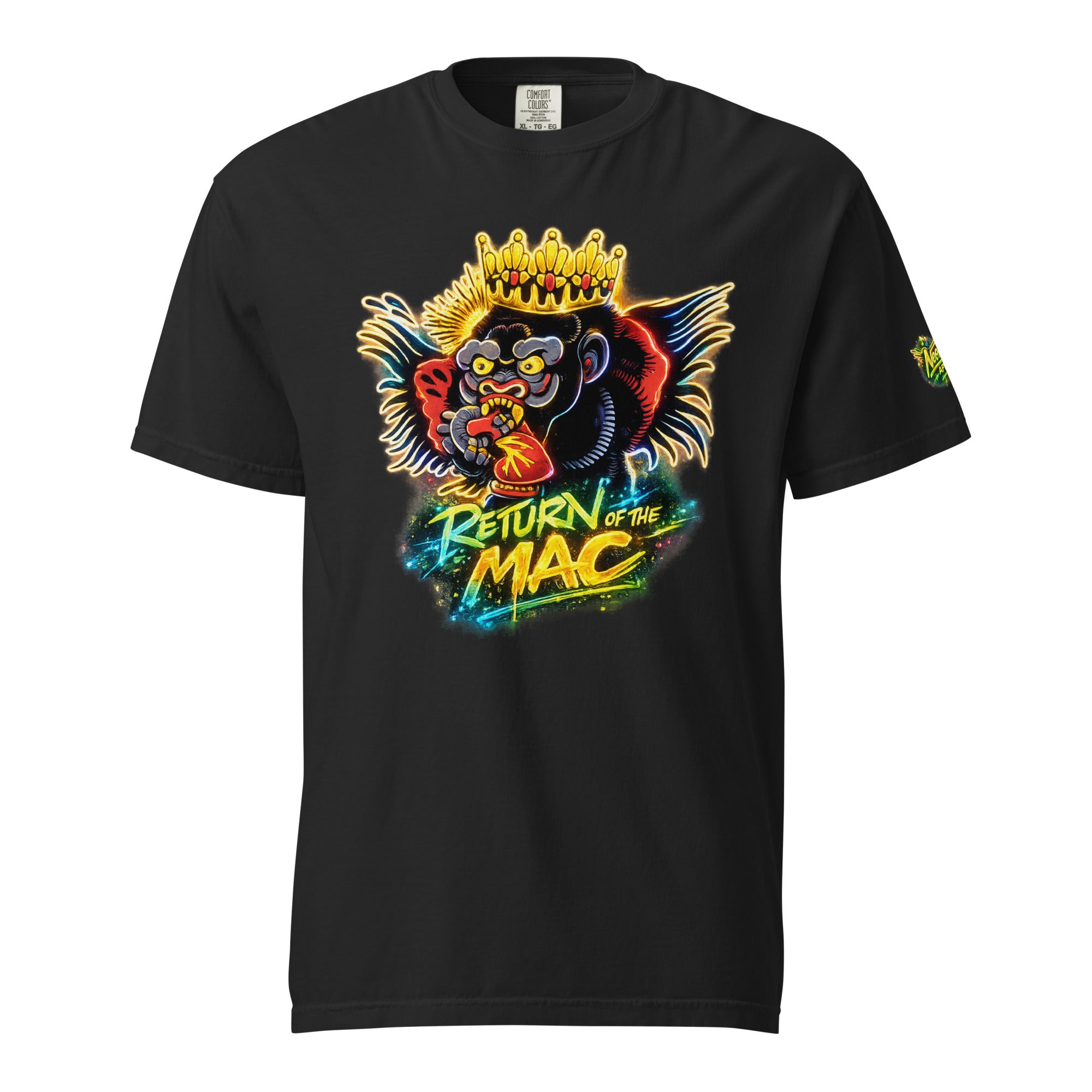 Unisex heavyweight black T-shirt with crowned gorilla 'Return of the Mac' front print