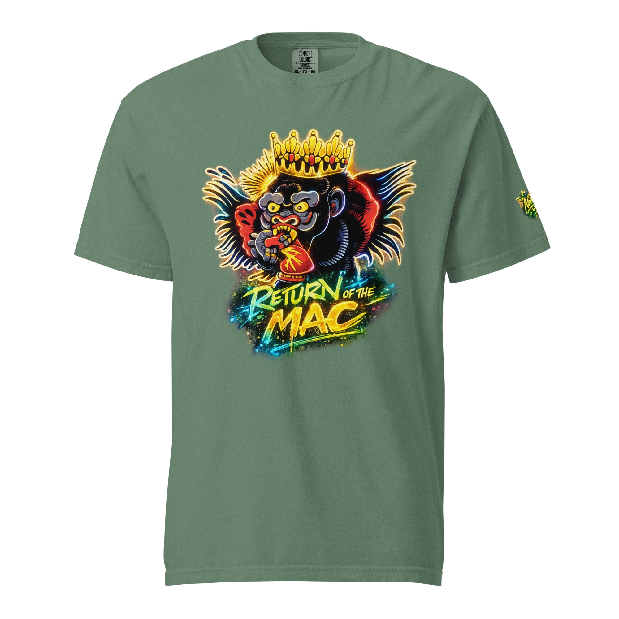 Unisex heavyweight green T-shirt with crowned gorilla 'Return of the Mac' front print