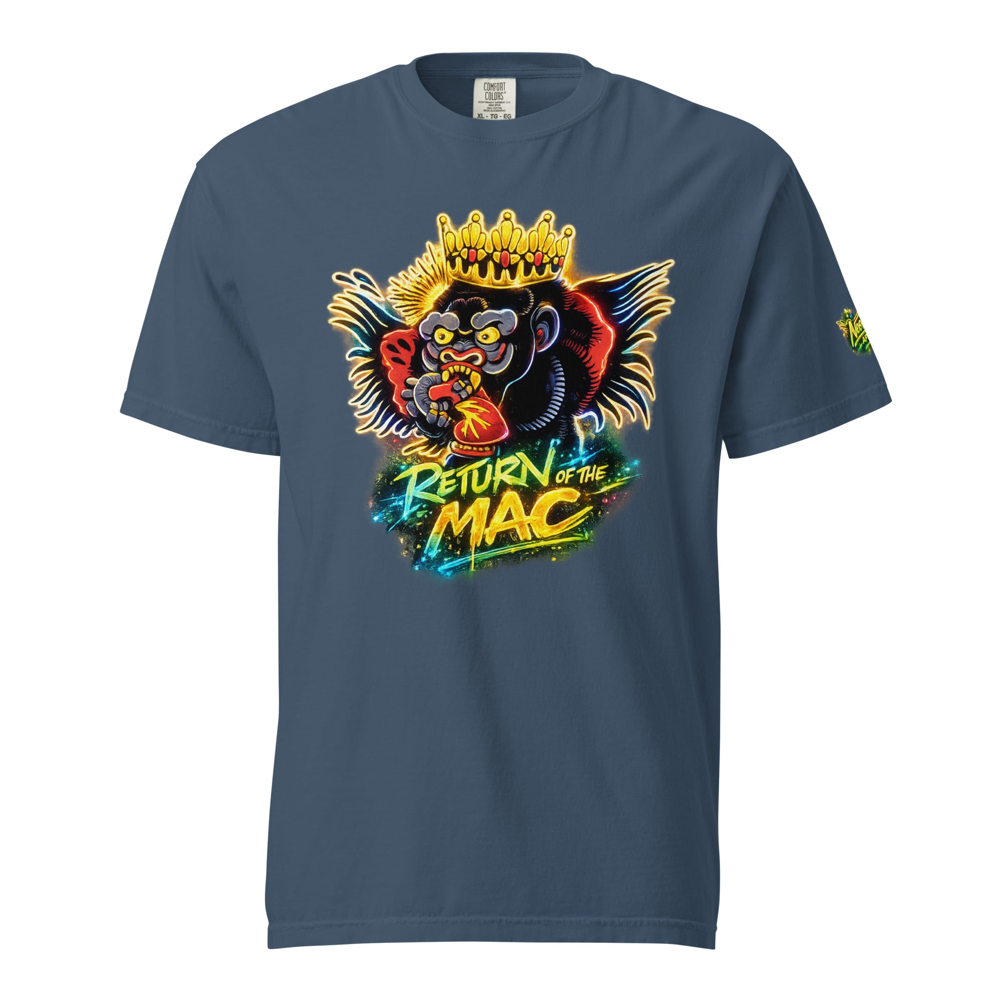 Unisex heavyweight blue T-shirt with crowned gorilla 'Return of the Mac' front print