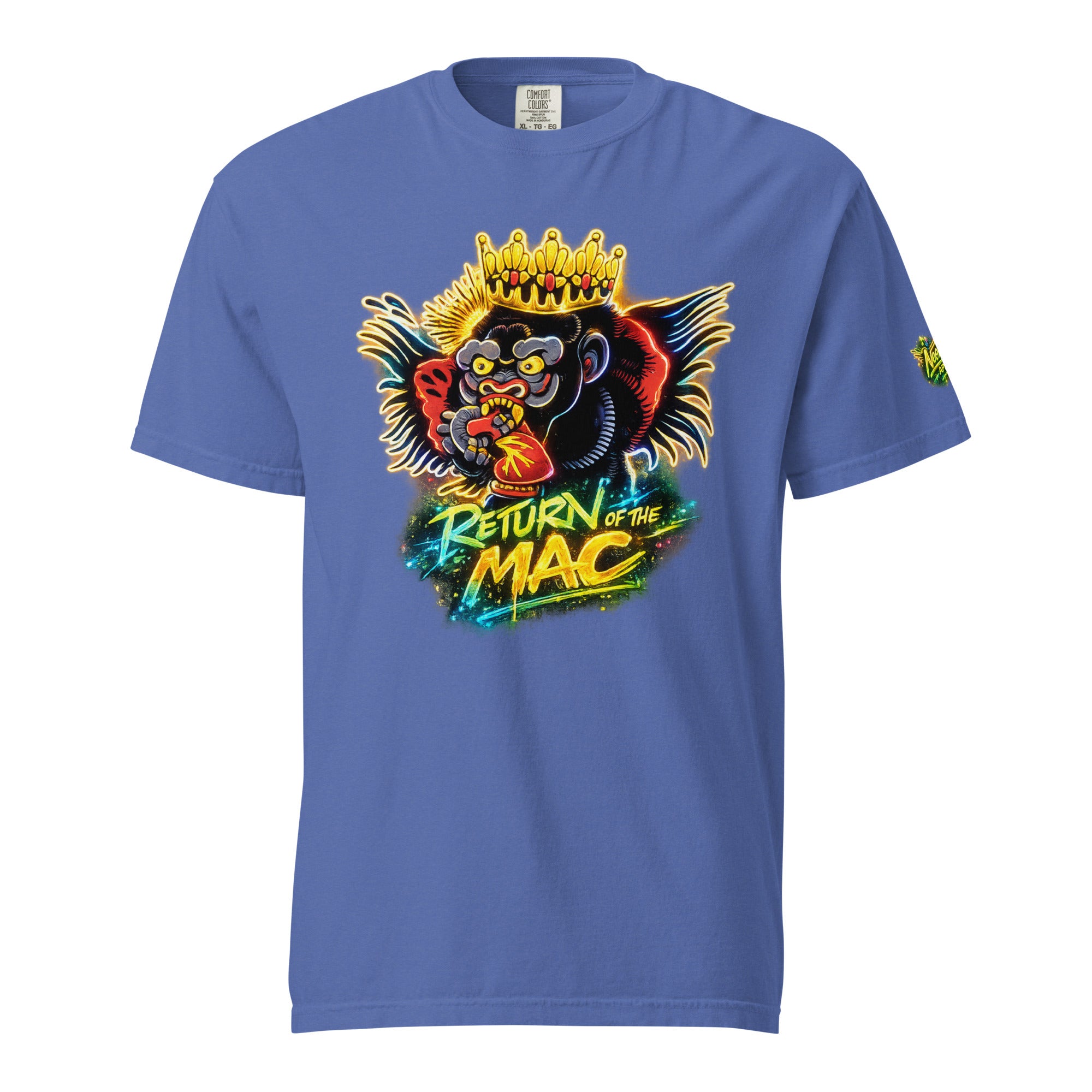Unisex heavyweight purple T-shirt with crowned gorilla 'Return of the Mac' front print