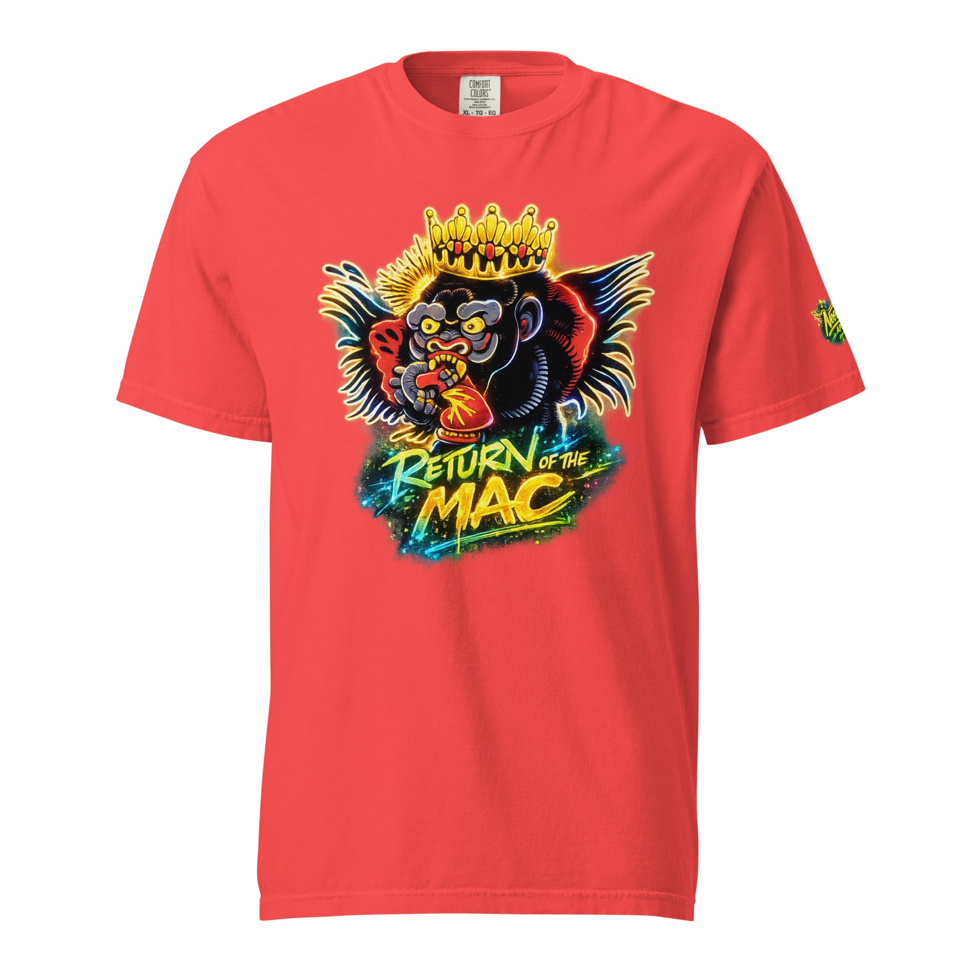 Unisex heavyweight coral T-shirt with crowned gorilla 'Return of the Mac' front print