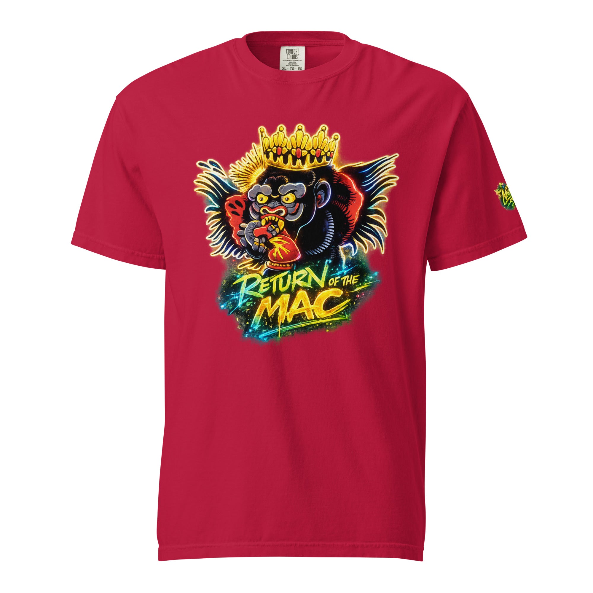 Unisex heavyweight red T-shirt with crowned gorilla 'Return of the Mac' front print