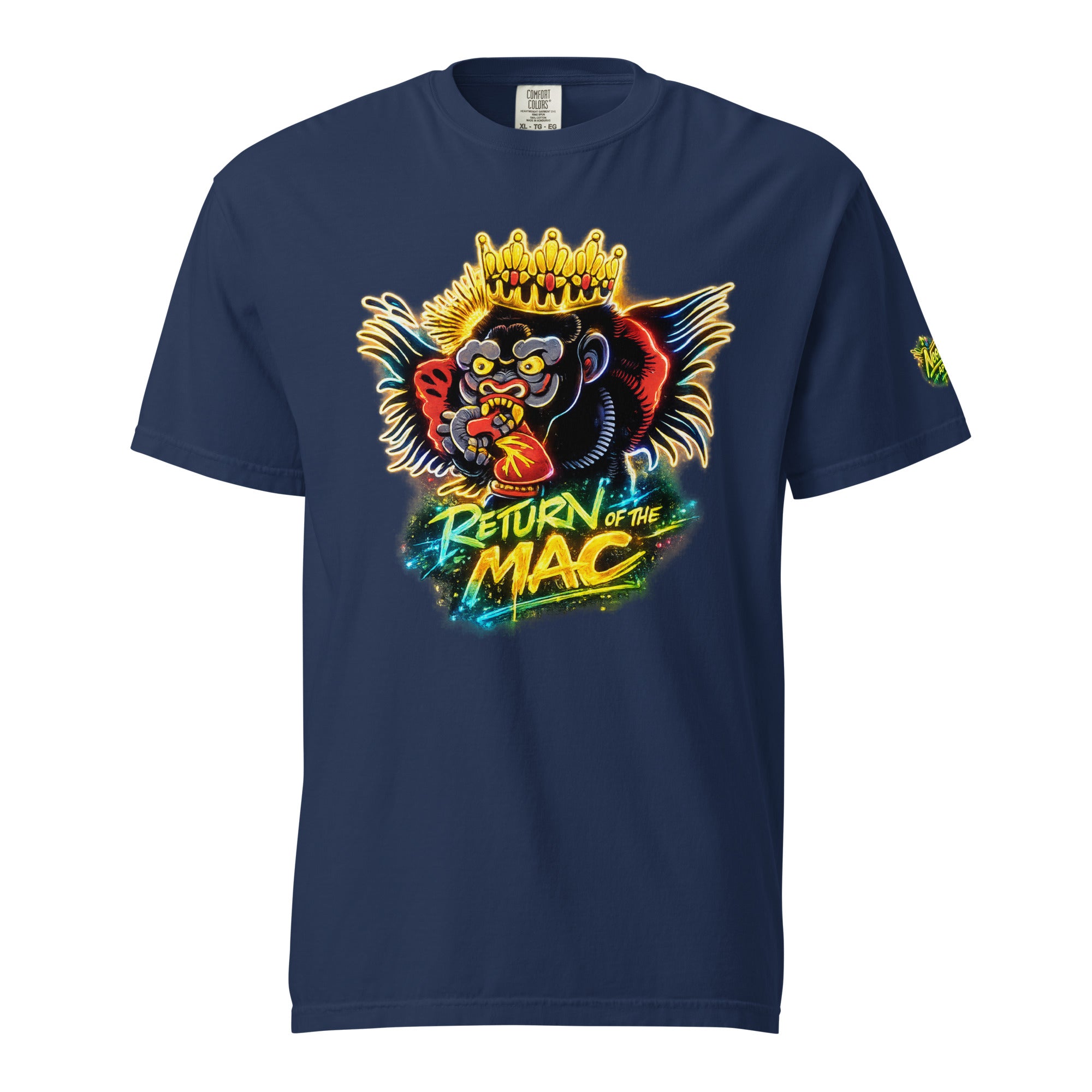Unisex heavyweight navy T-shirt with crowned gorilla 'Return of the Mac' front print