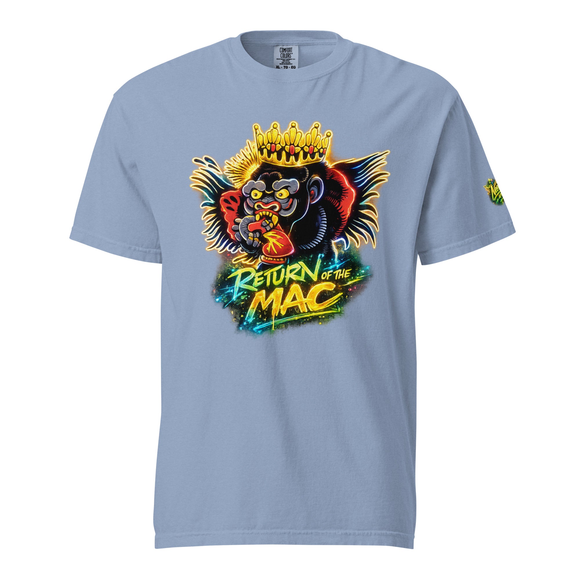 Unisex heavyweight light blue T-shirt with crowned gorilla 'Return of the Mac' front print
